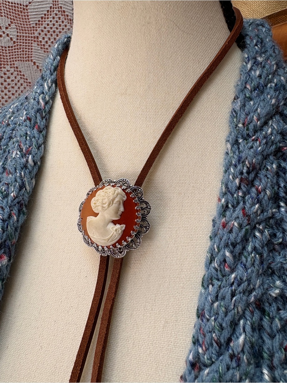 Upcycled Cameo Bolo Tie Western Cottagecore Necklace